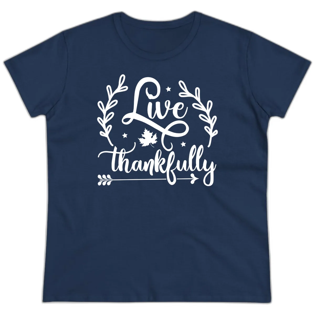 Live Thankfully Thanksgiving Fall Design Ladies Tee in Navy