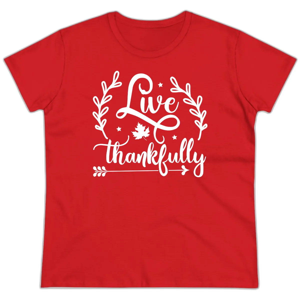 Live Thankfully Thanksgiving Fall Design Ladies Tee in Red