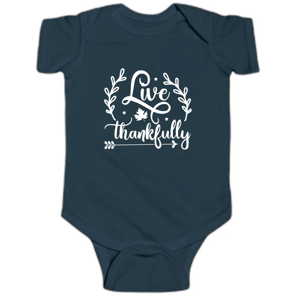 Live Thankfully Thanksgiving Fall Design Baby Onesie in Navy