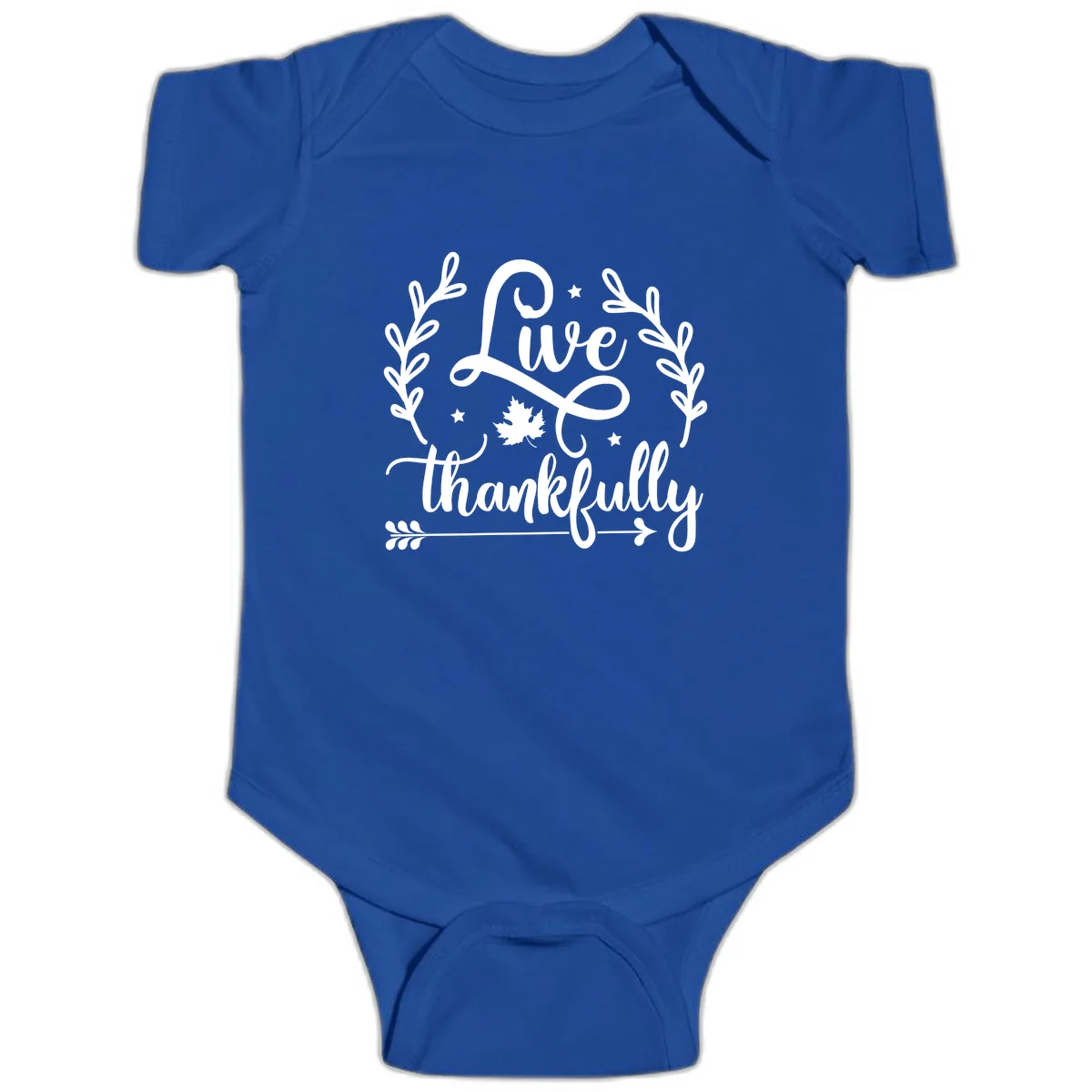 Live Thankfully Thanksgiving Fall Design Baby Onesie in Royal