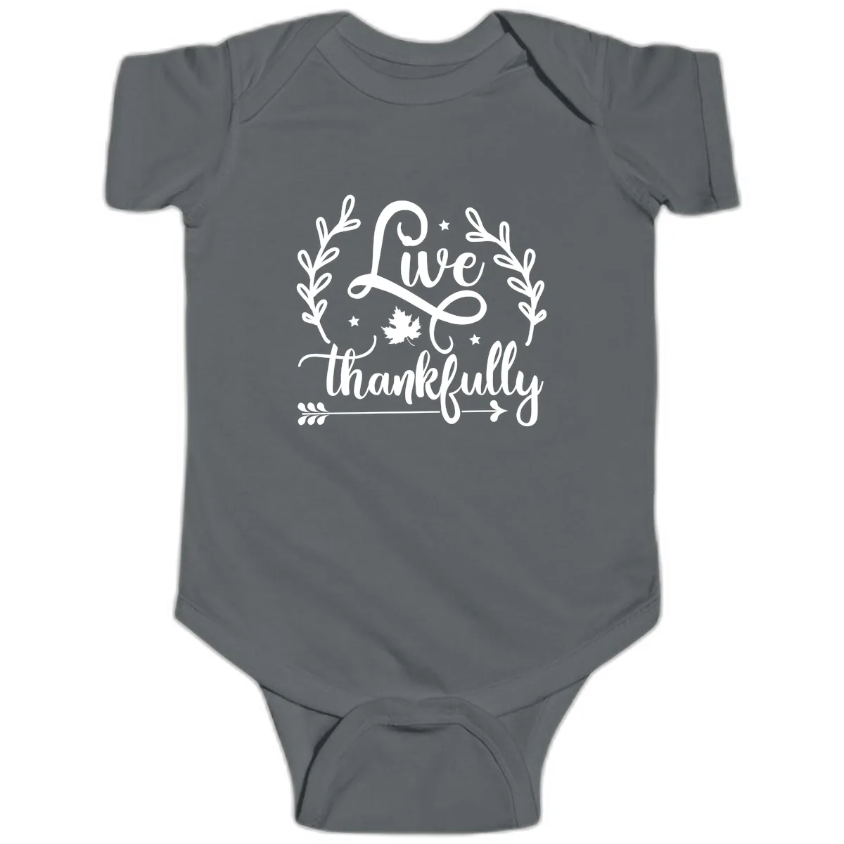 Live Thankfully Thanksgiving Fall Design Baby Onesie in Charcoal