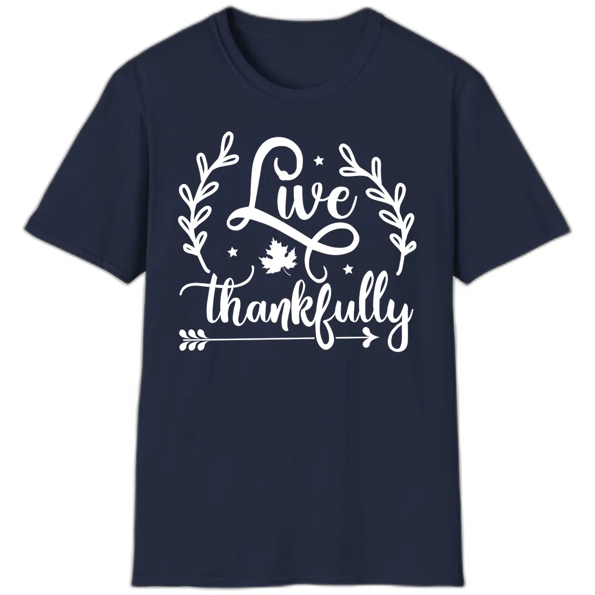 Live Thankfully Thanksgiving Fall Design T-Shirt in Navy