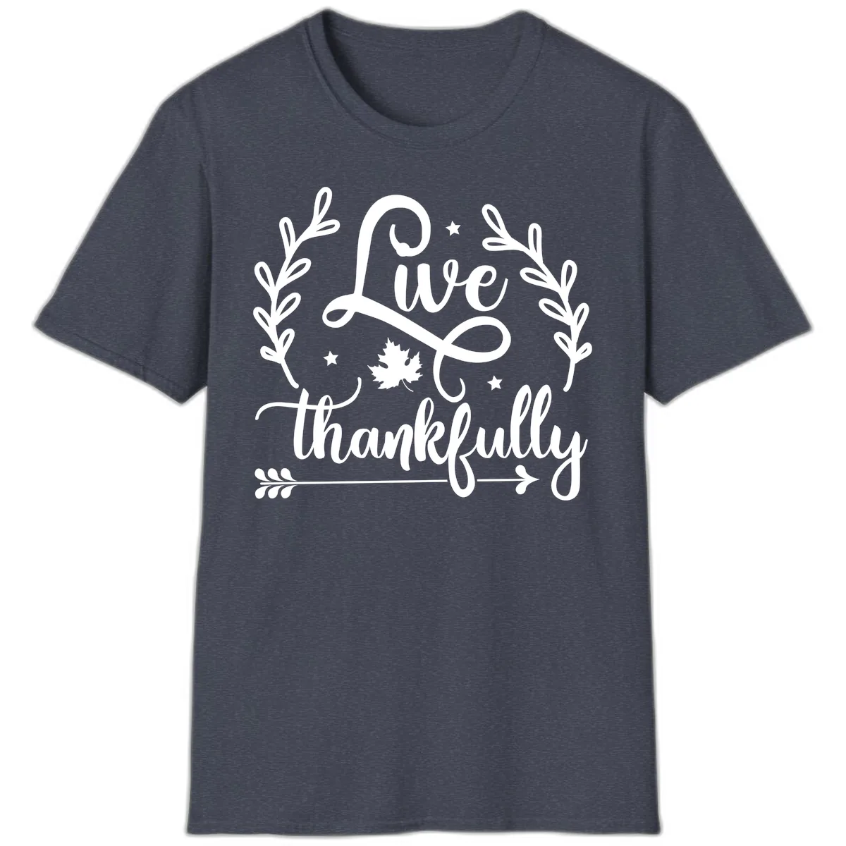 Live Thankfully Thanksgiving Fall Design T-Shirt in Heather Navy