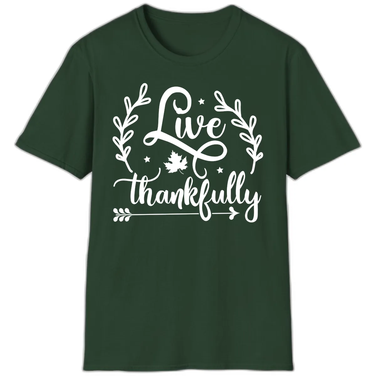 Live Thankfully Thanksgiving Fall Design T-Shirt in Forest Green