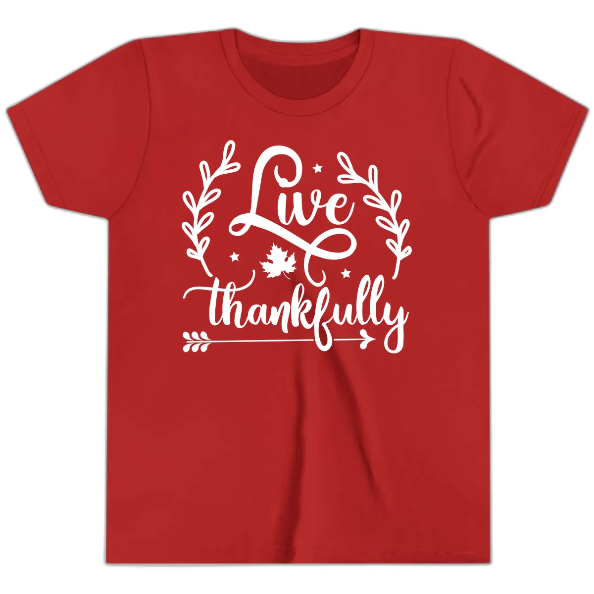 Live Thankfully Thanksgiving Fall Design Youth T-Shirt in Red