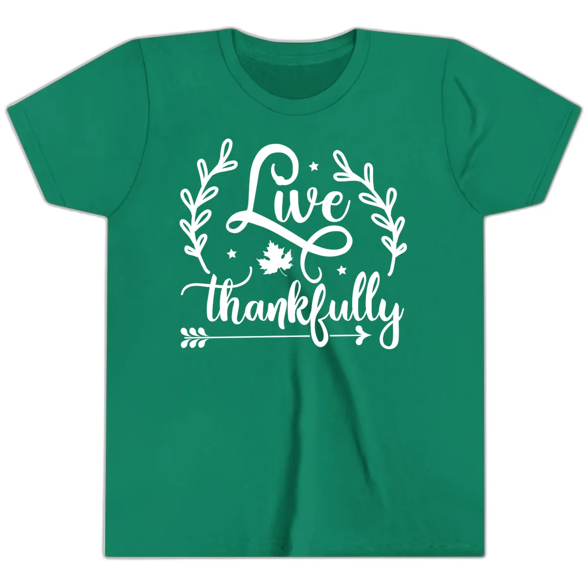 Live Thankfully Thanksgiving Fall Design Youth T-Shirt in Kelly