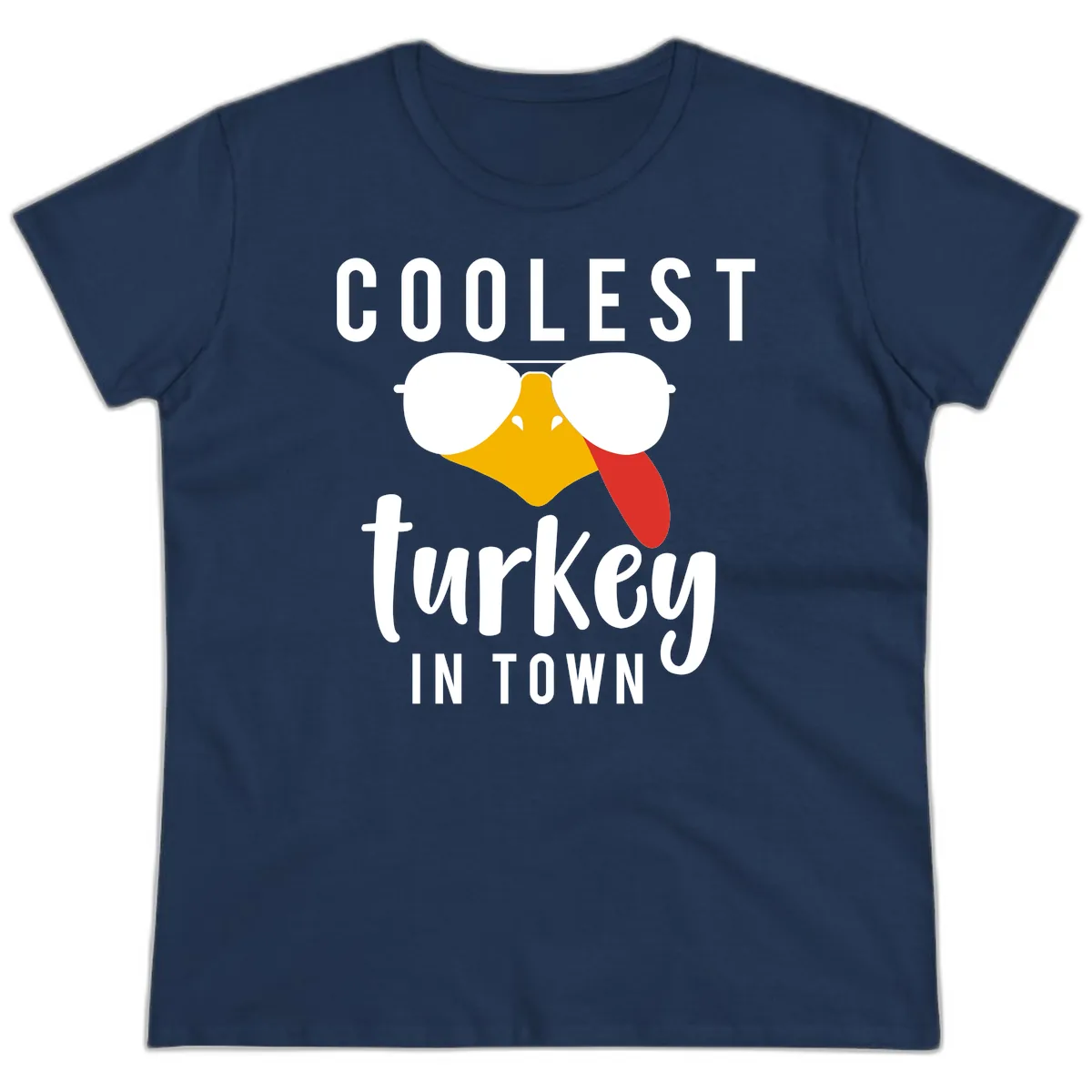 Coolest Turkey In Town Thanksgiving Ladies Tee in Navy