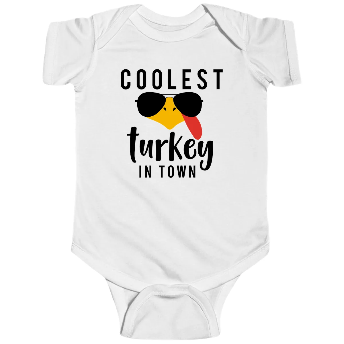Coolest Turkey In Town Thanksgiving Baby Onesie in White