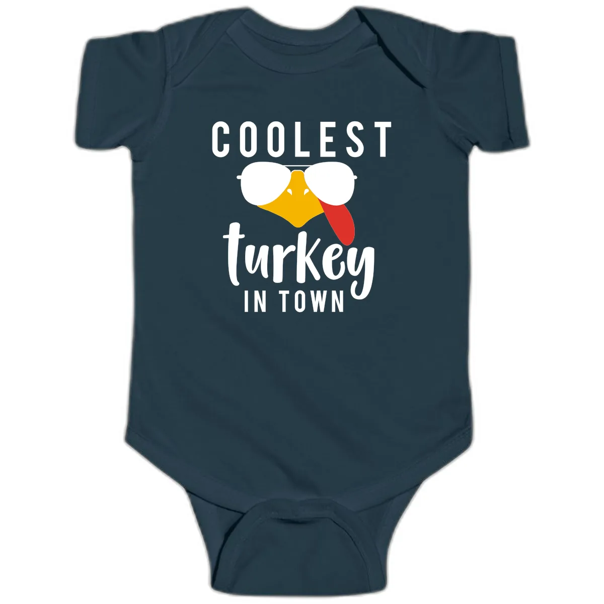 Coolest Turkey In Town Thanksgiving Baby Onesie in Navy