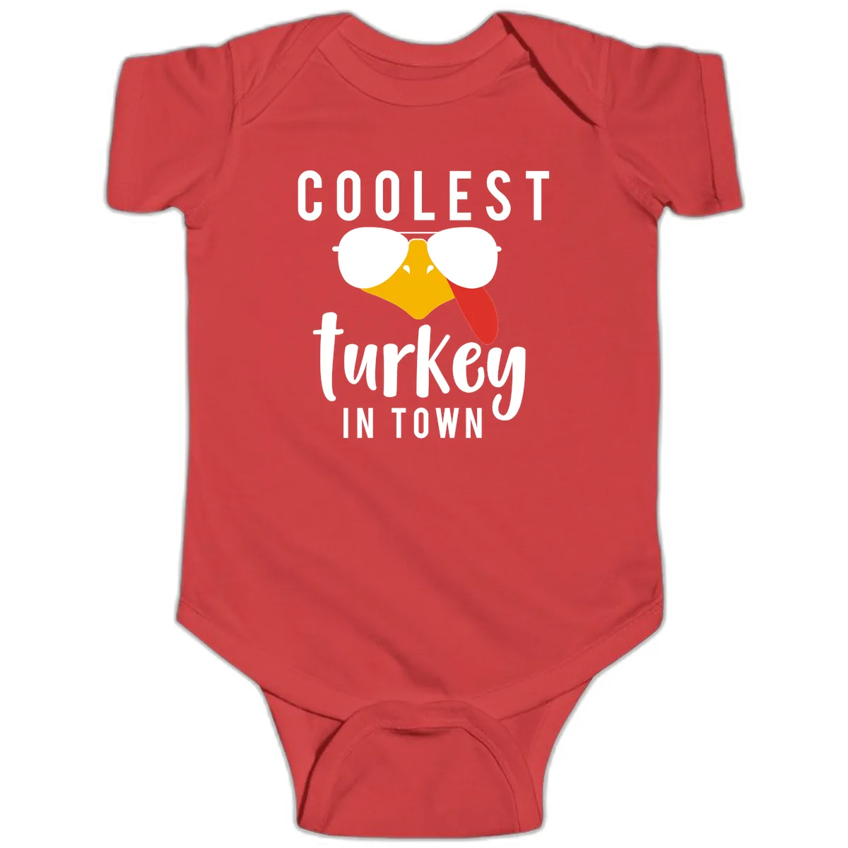 Coolest Turkey In Town Thanksgiving Baby Onesie in Red