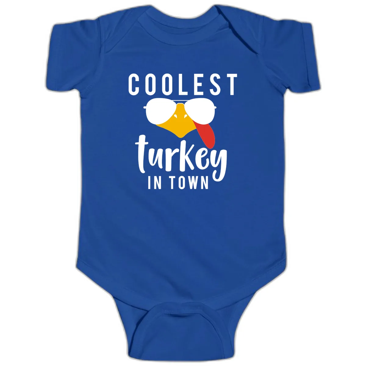 Coolest Turkey In Town Thanksgiving Baby Onesie in Royal