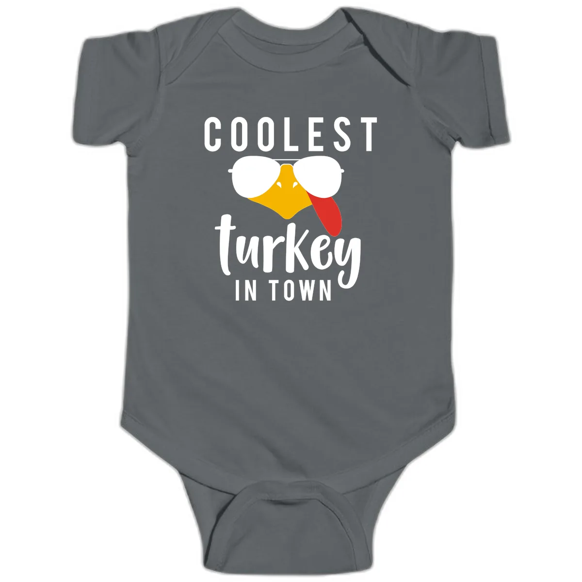 Coolest Turkey In Town Thanksgiving Baby Onesie in Charcoal