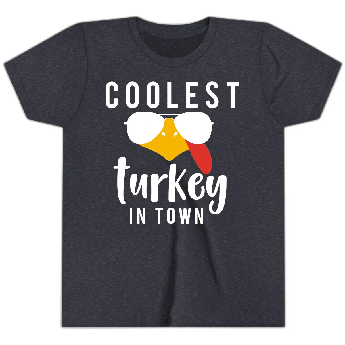 Coolest Turkey In Town Thanksgiving Youth T-Shirt in Heather Navy