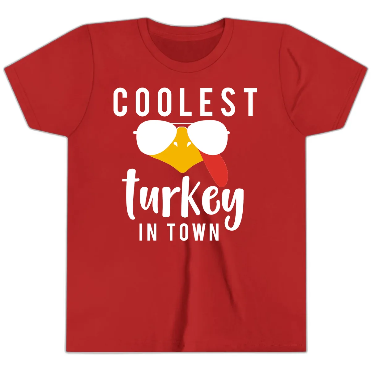 Coolest Turkey In Town Thanksgiving Youth T-Shirt in Red