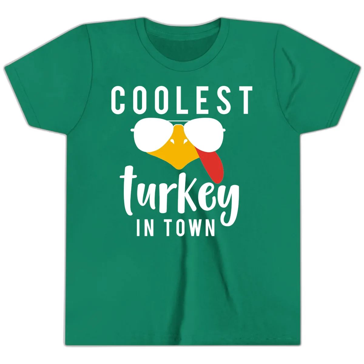 Coolest Turkey In Town Thanksgiving Youth T-Shirt in Kelly