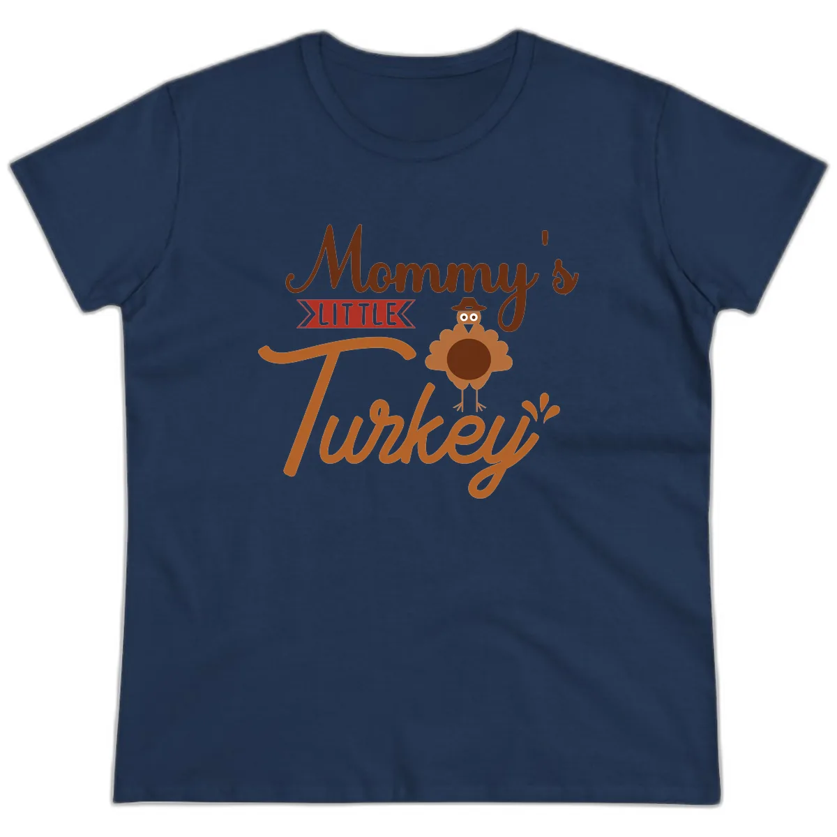 Mommy's Little Turkey Thanksgiving Design Ladies Tee in Navy