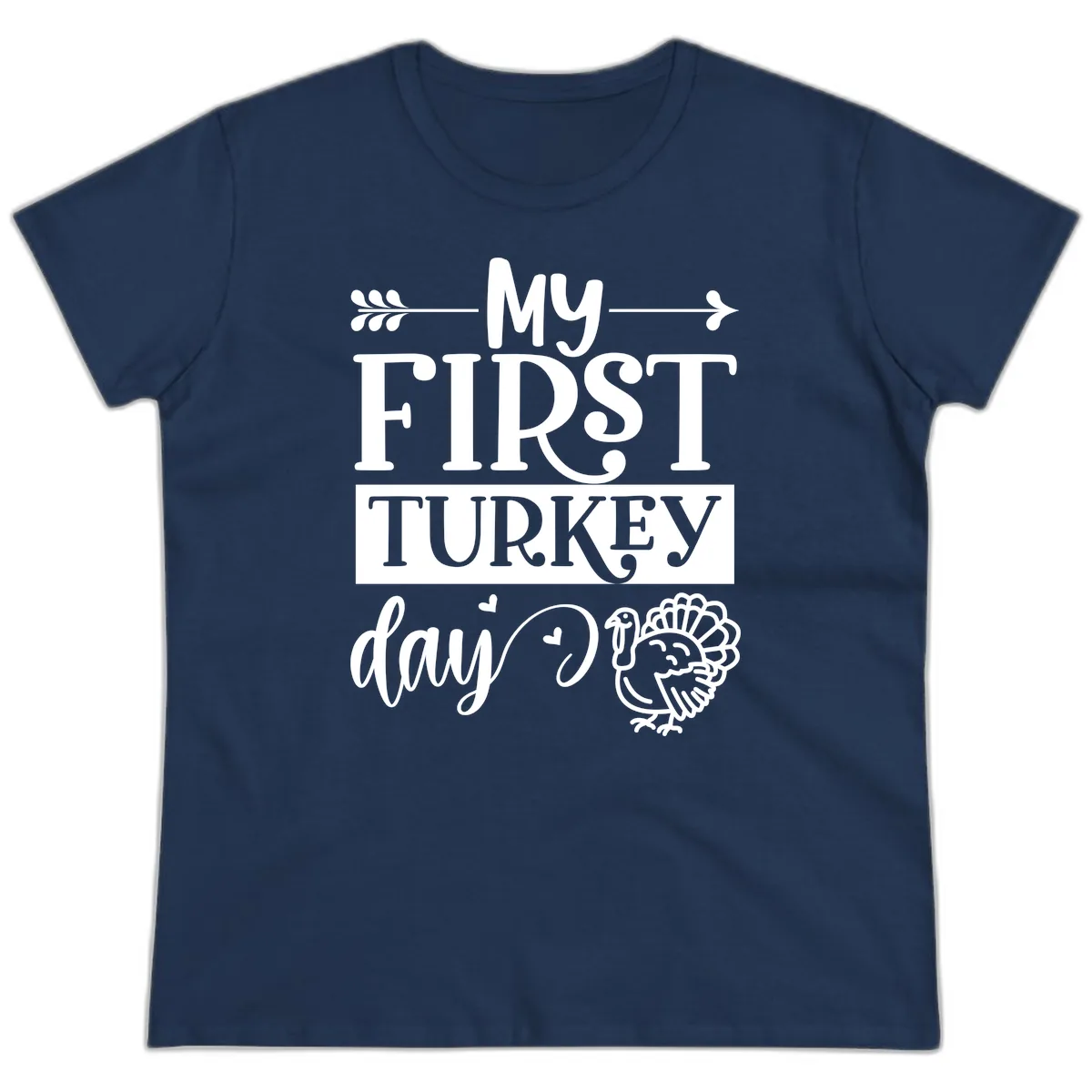 My First Turkey Day Baby Design Ladies Tee in Navy