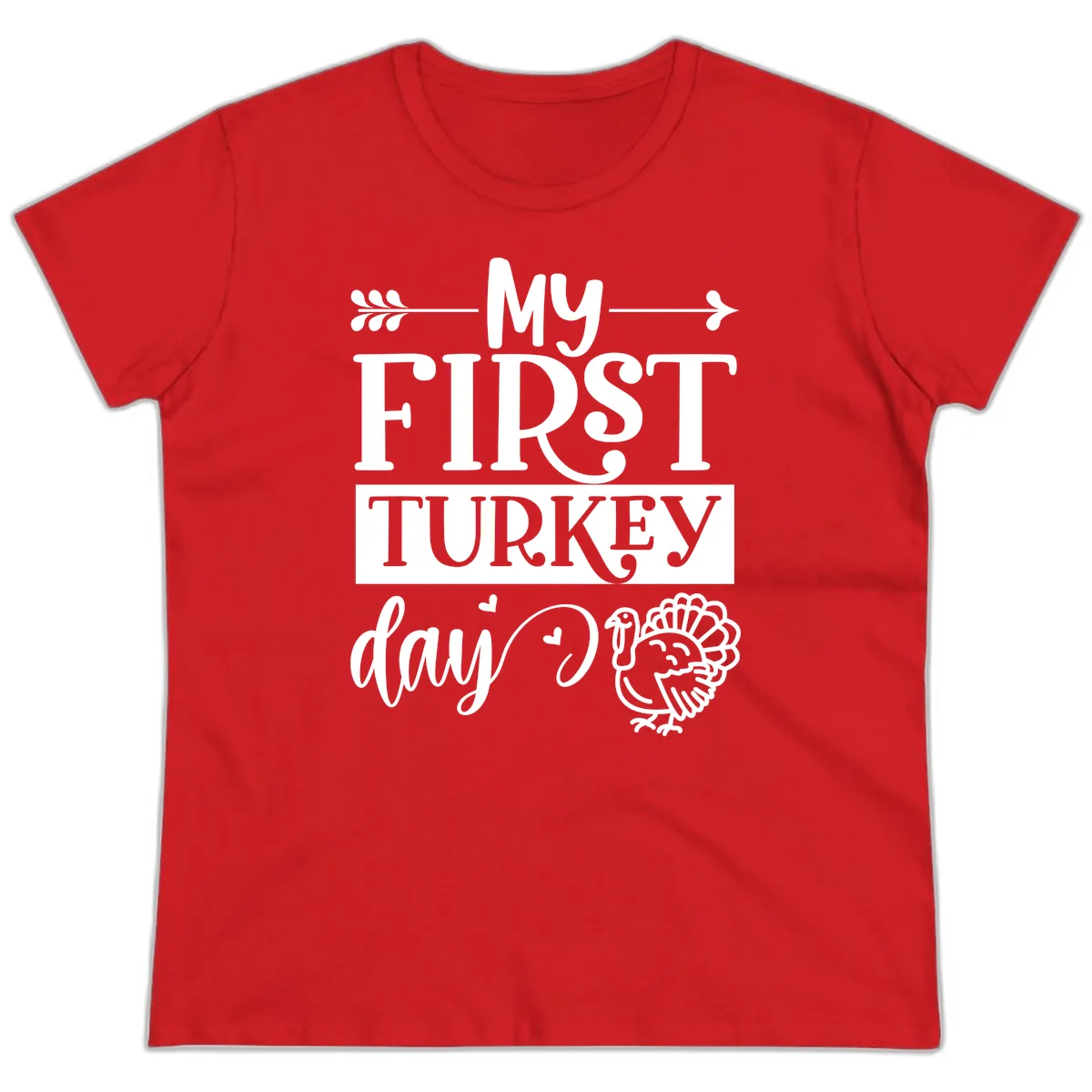 My First Turkey Day Baby Design Ladies Tee in Red