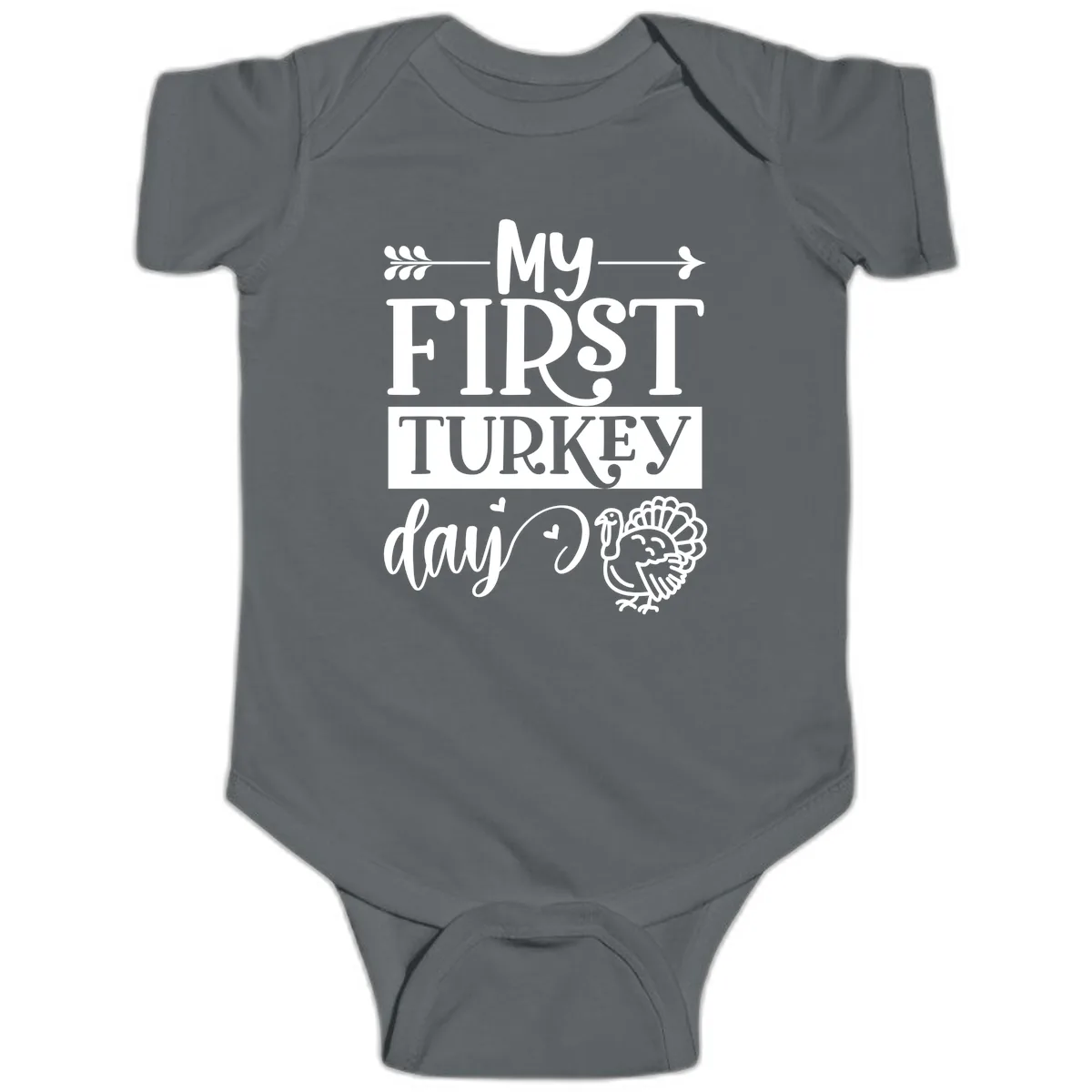 My First Turkey Day Baby Design Baby Onesie in Charcoal