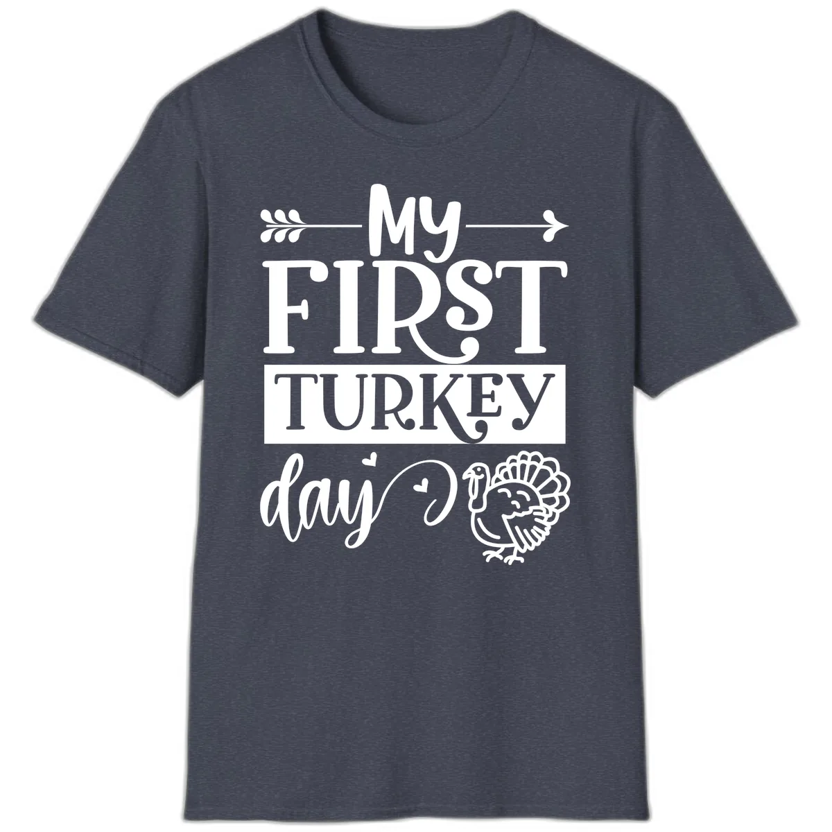 My First Turkey Day Baby Design T-Shirt in Heather Navy