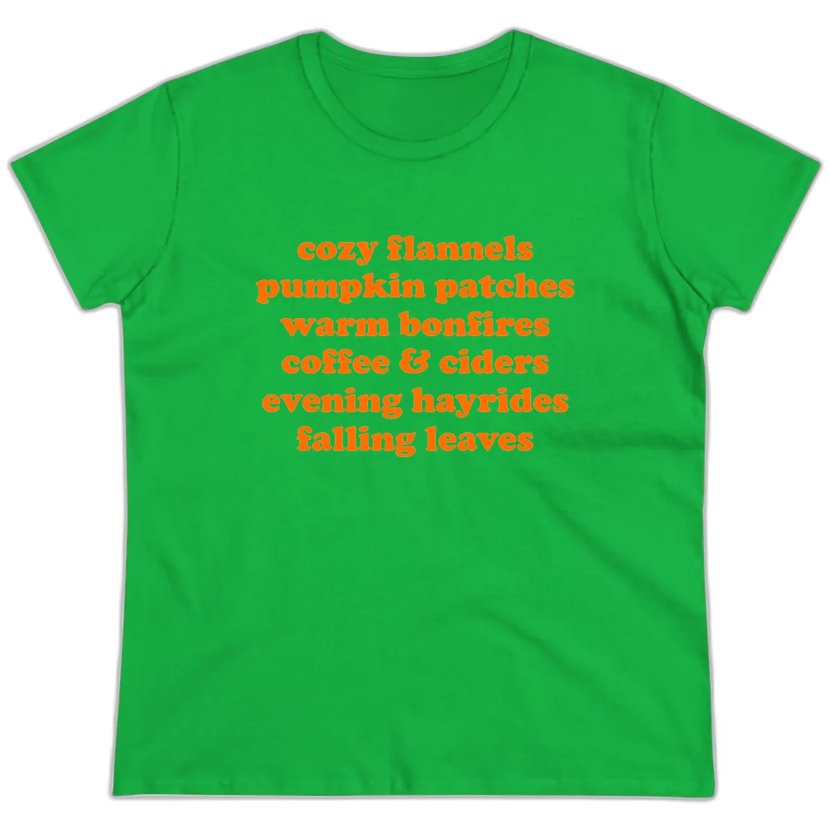 Autumnal Vibes Typography Design Ladies Tee in Irish Green
