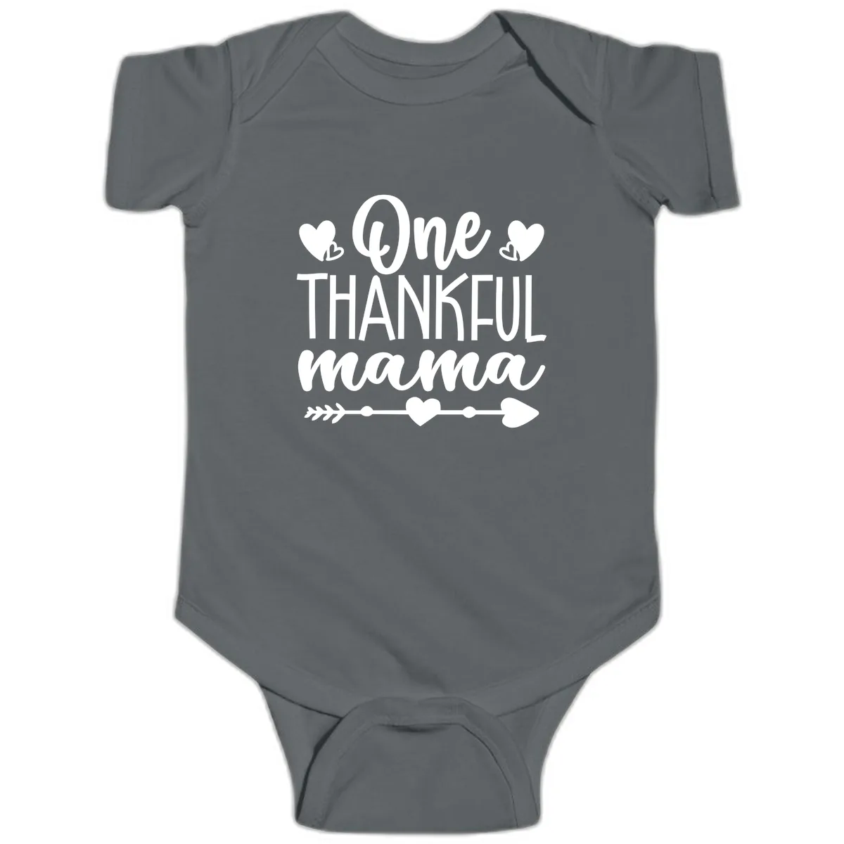 One Thankful Mama Heart Design Baby Onesie in Charcoal