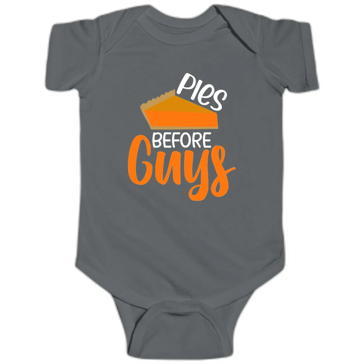 Pies Before Guys Thanksgiving Graphic Baby Onesie in Charcoal
