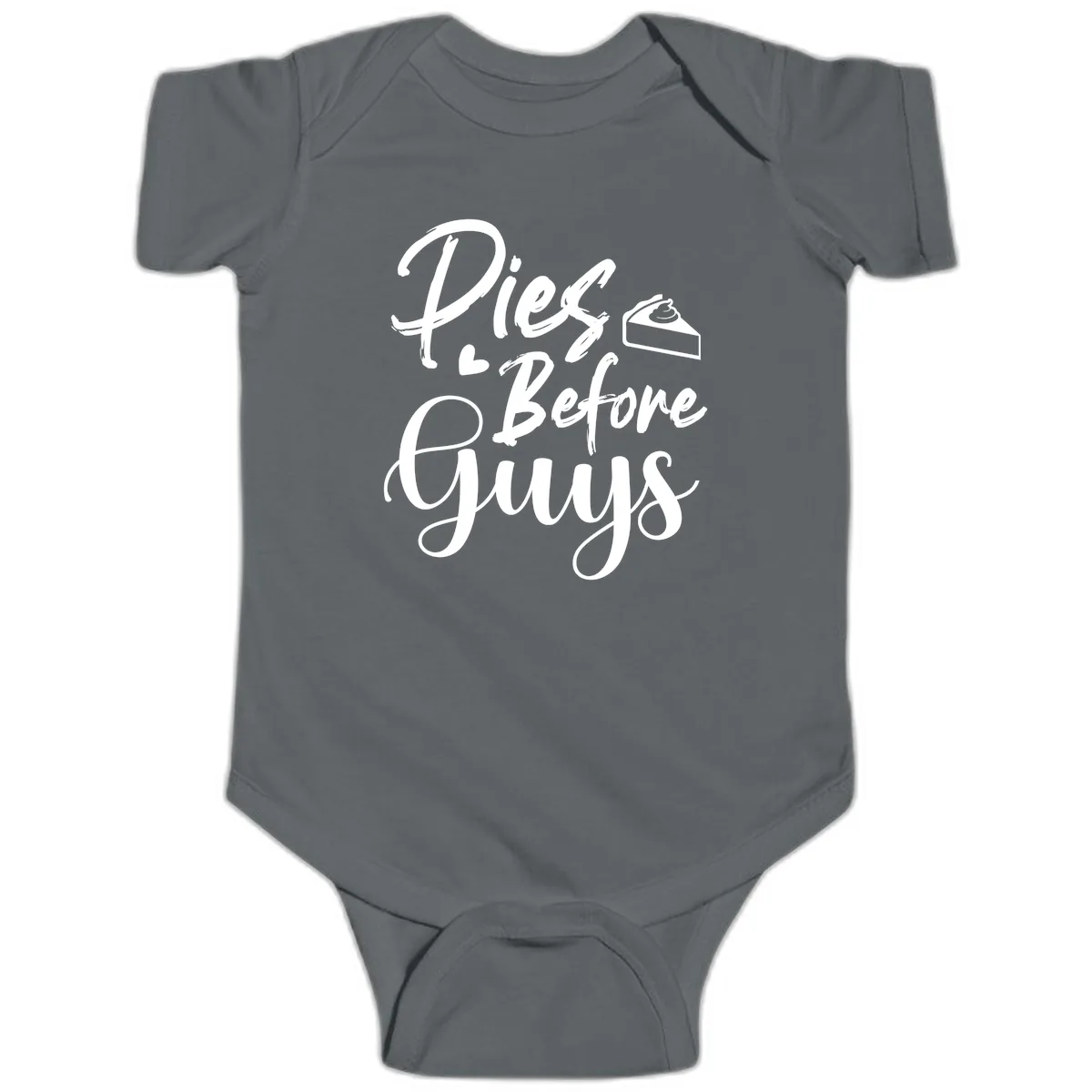 Pies Before Guys Typography Baby Onesie in Charcoal
