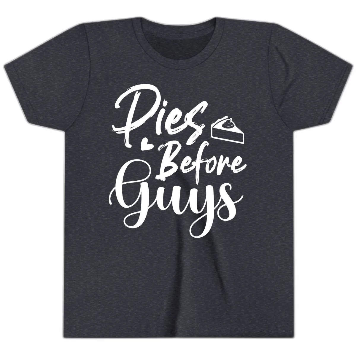 Pies Before Guys Typography Youth T-Shirt in Heather Navy