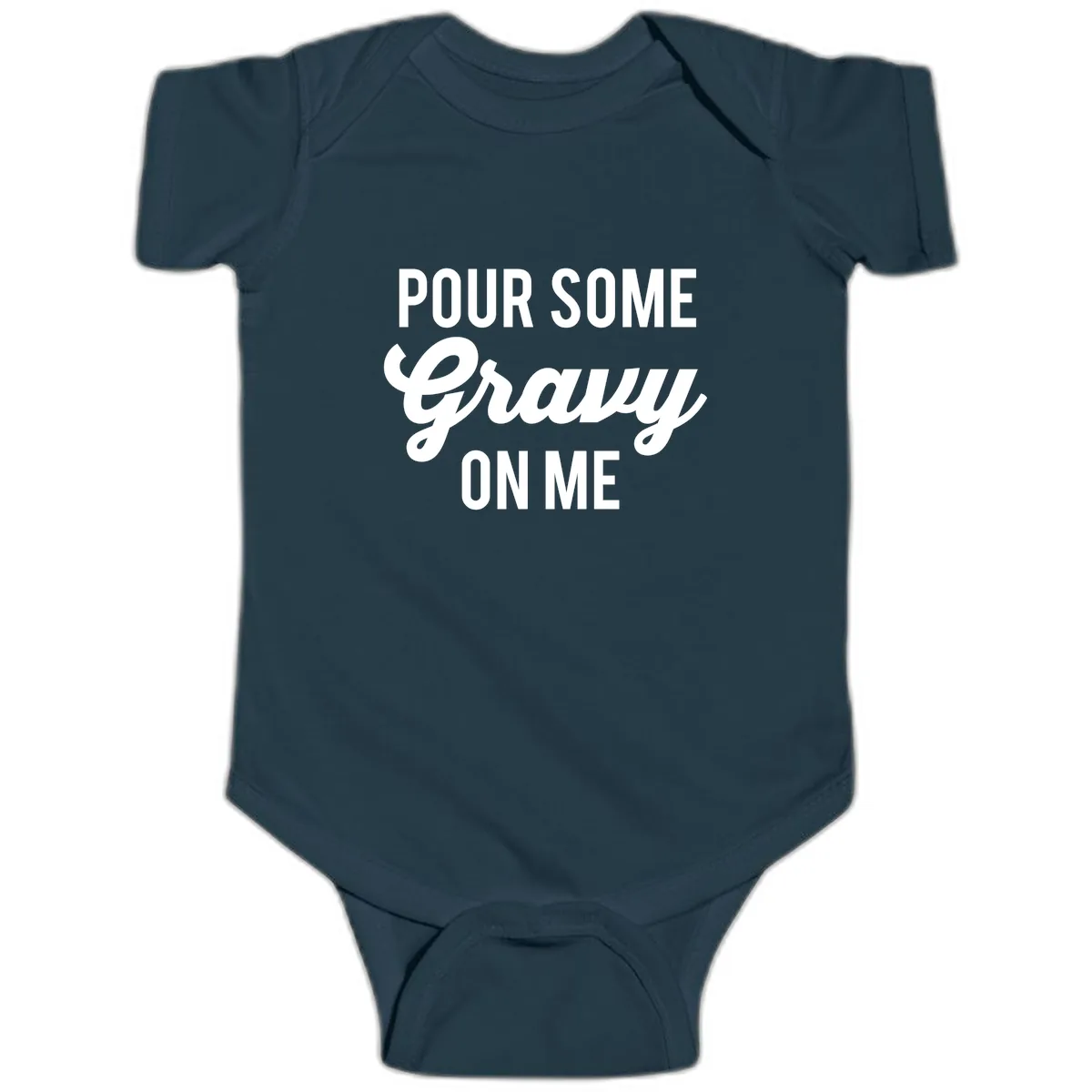 Pour Some Gravy On Me Thanksgiving Baby Onesie in Navy
