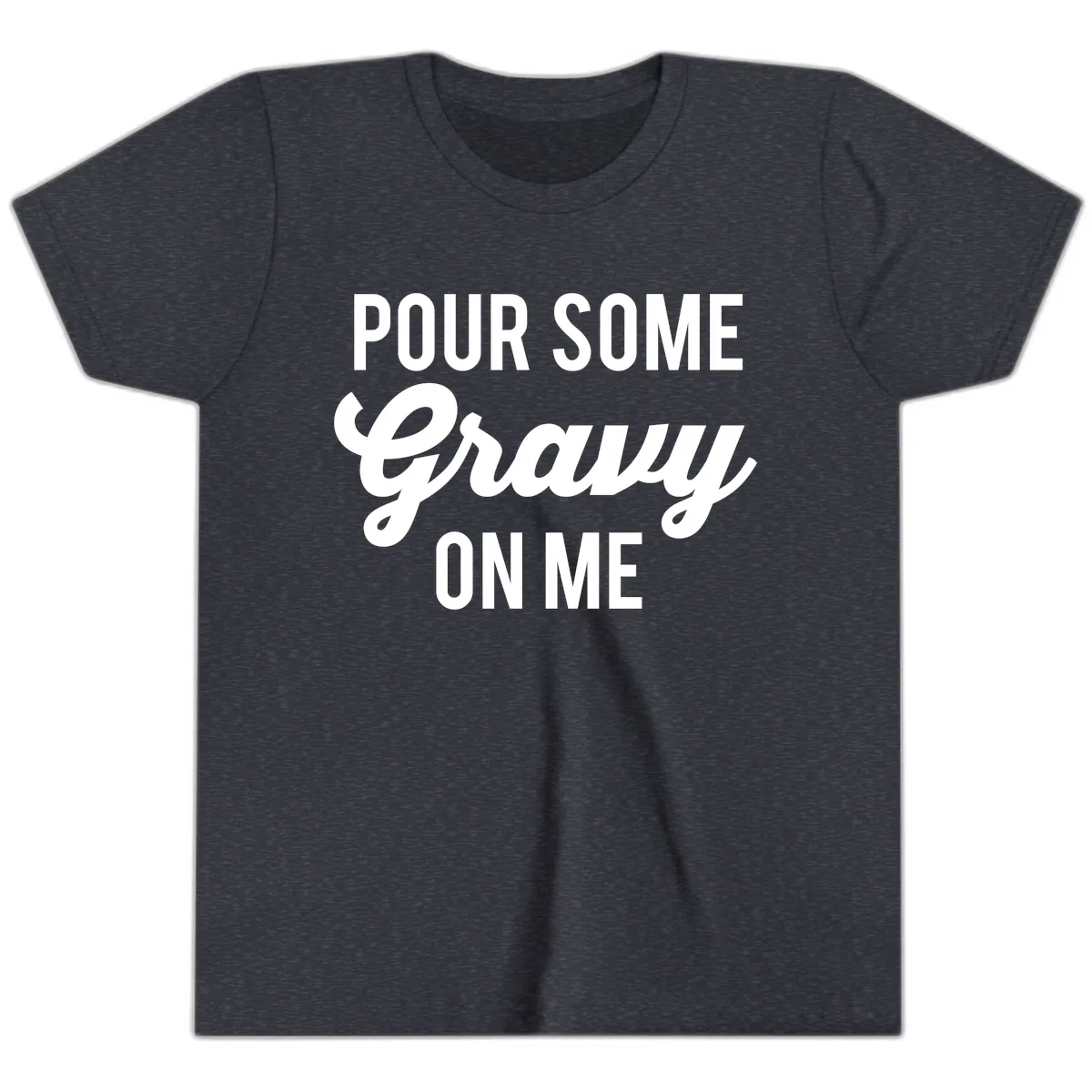 Pour Some Gravy On Me Thanksgiving Youth T-Shirt in Heather Navy