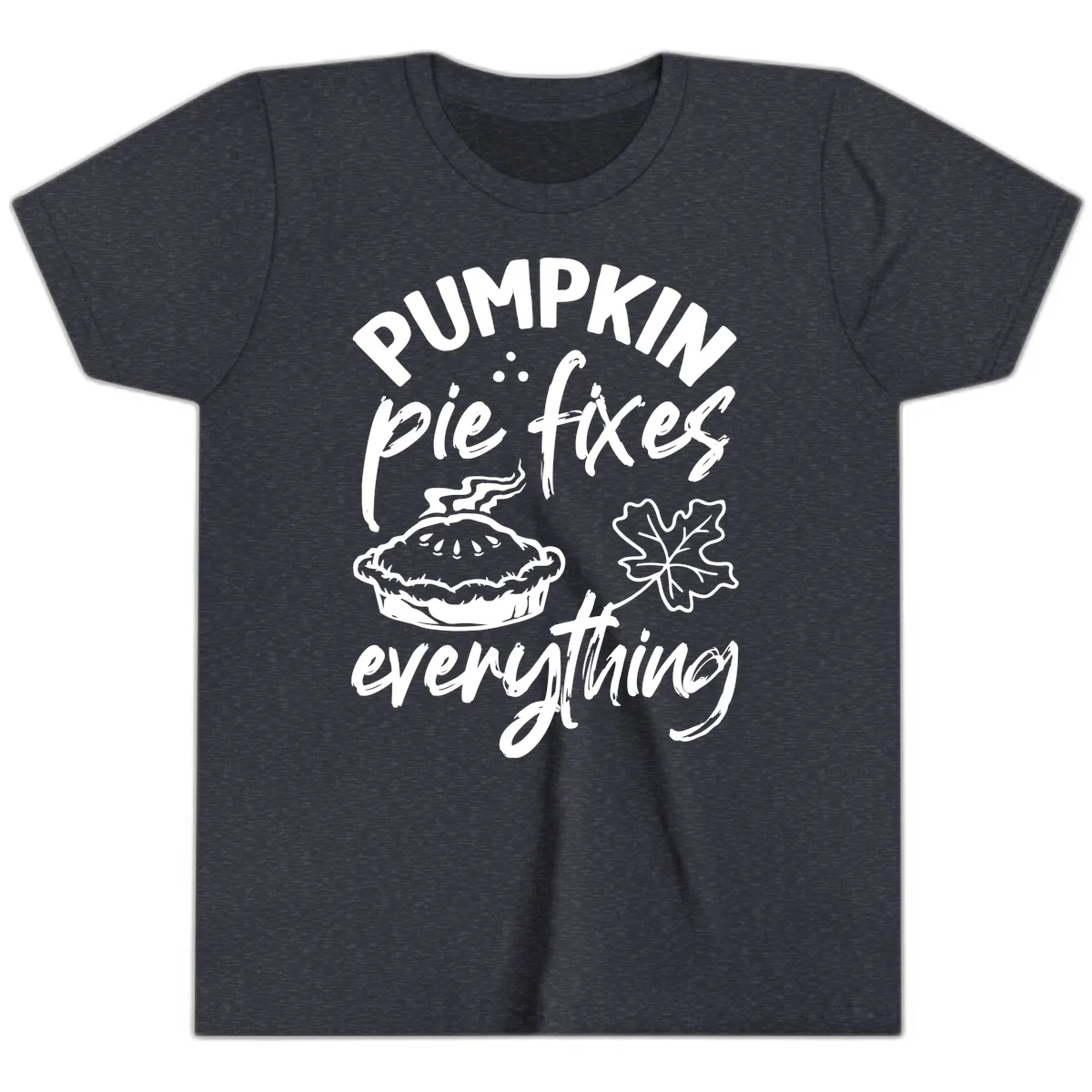 Pumpkin Pie Fixes Everything Fall Saying Youth T-Shirt in Heather Navy