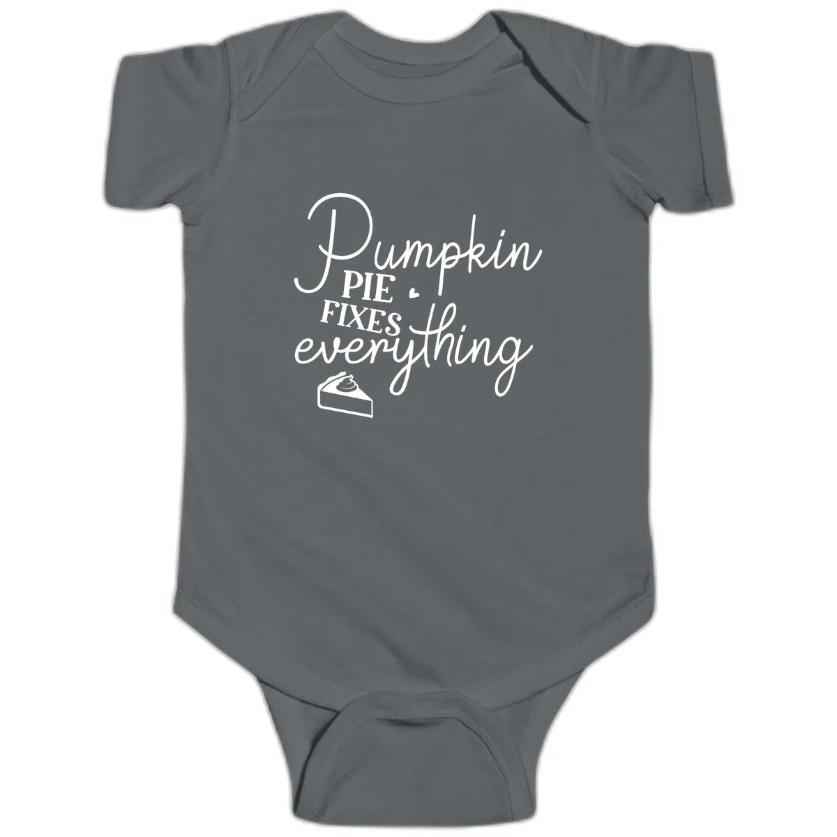 Pumpkin Pie Fixes Everything Quote Baby Onesie in Charcoal