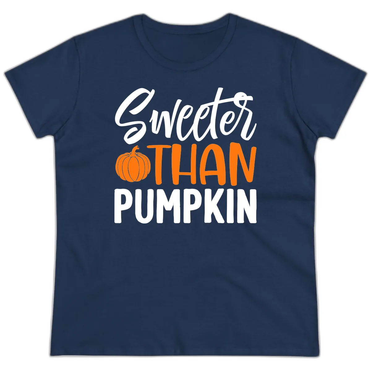 Sweeter Than Pumpkin Fall Saying Ladies Tee in Navy