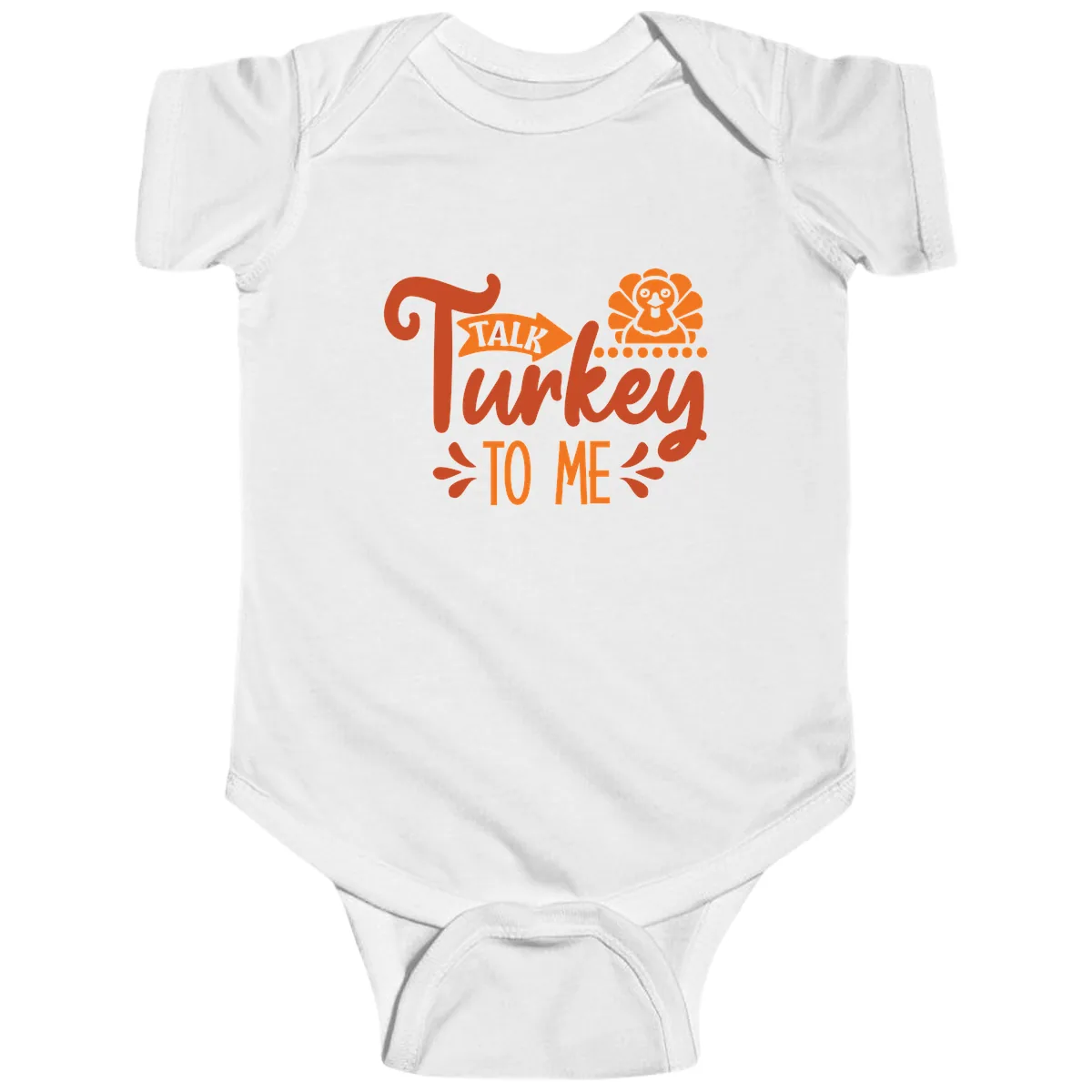 Talk Turkey To Me Thanksgiving Graphic Baby Onesie in White