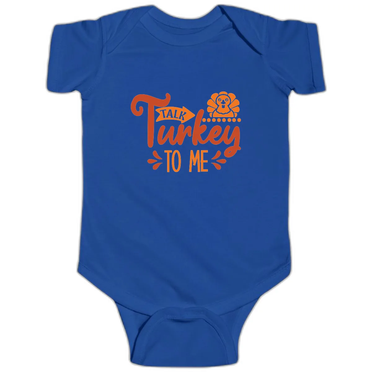 Talk Turkey To Me Thanksgiving Graphic Baby Onesie in Royal