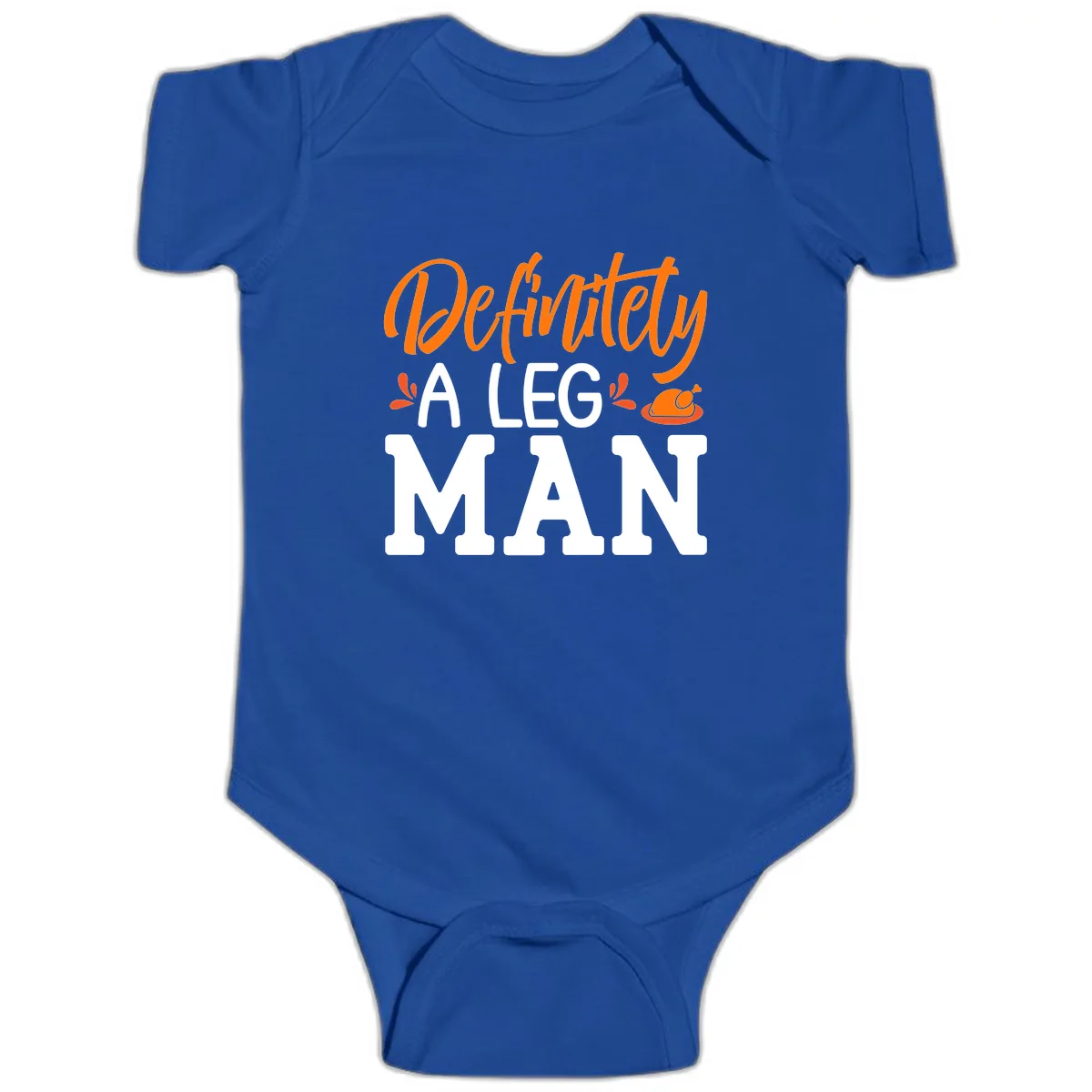 Thanksgiving Leg Man Typography Baby Onesie in Royal