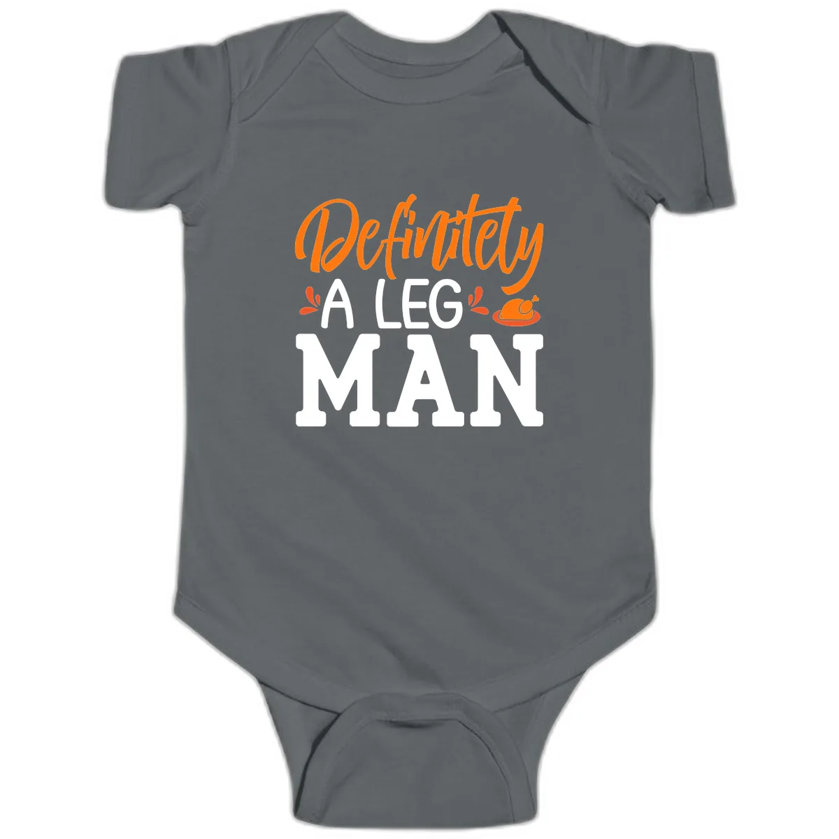 Thanksgiving Leg Man Typography Baby Onesie in Charcoal