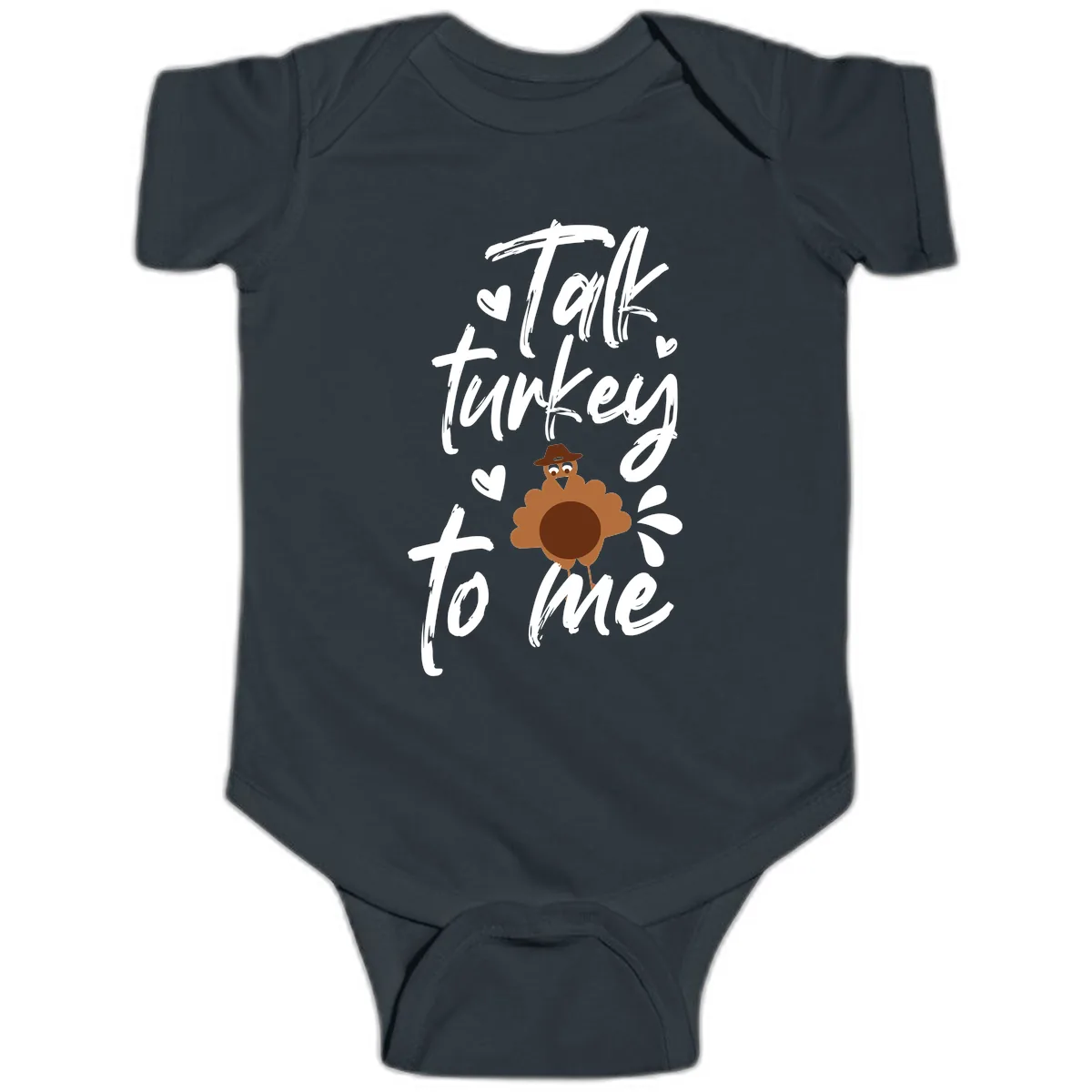Talk Turkey To Me Thanksgiving Graphic Baby Onesie in Black