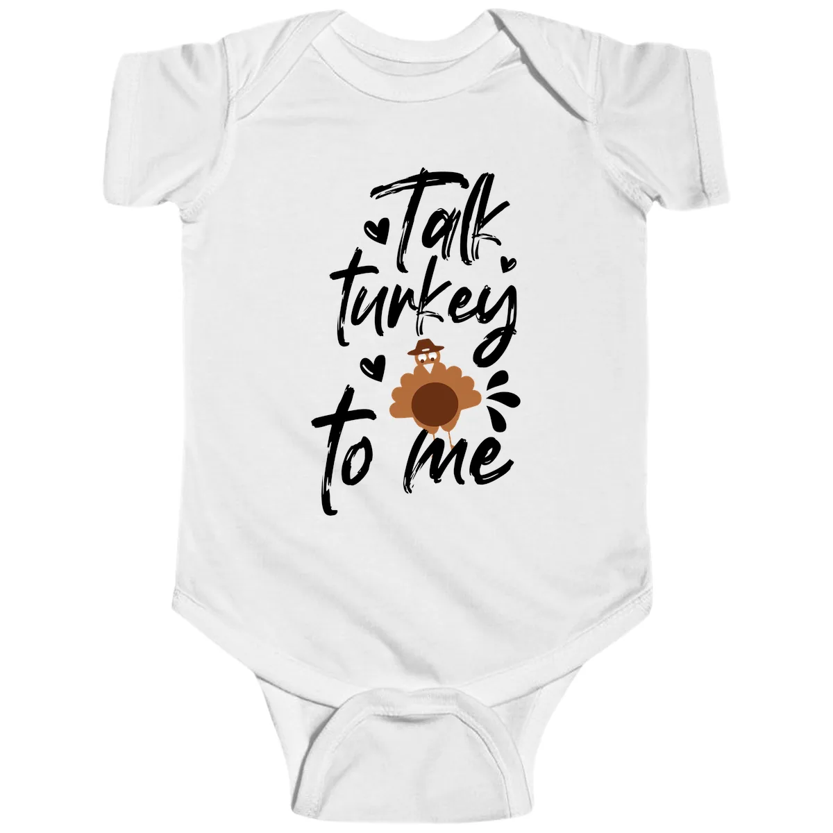 Talk Turkey To Me Thanksgiving Graphic Baby Onesie in White