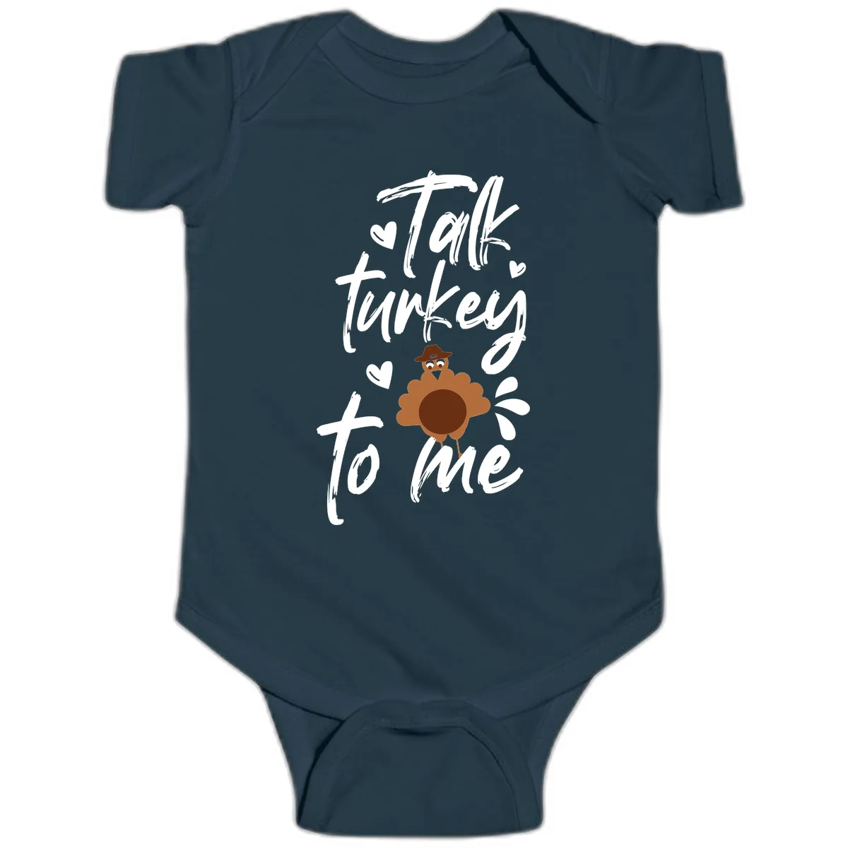 Talk Turkey To Me Thanksgiving Graphic Baby Onesie in Navy