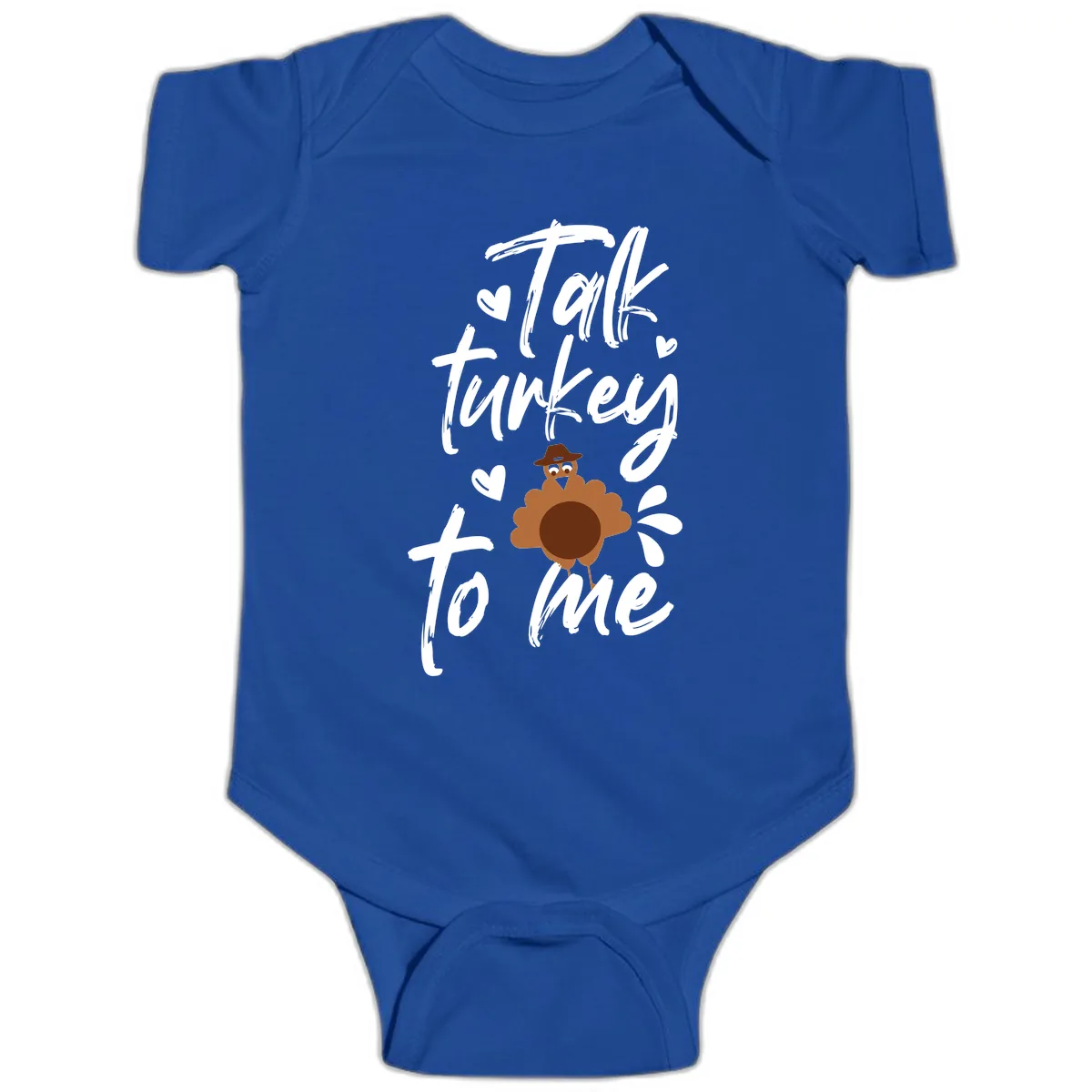 Talk Turkey To Me Thanksgiving Graphic Baby Onesie in Royal