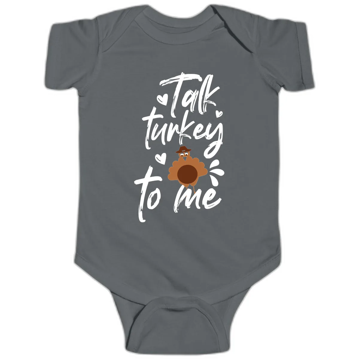 Talk Turkey To Me Thanksgiving Graphic Baby Onesie in Charcoal