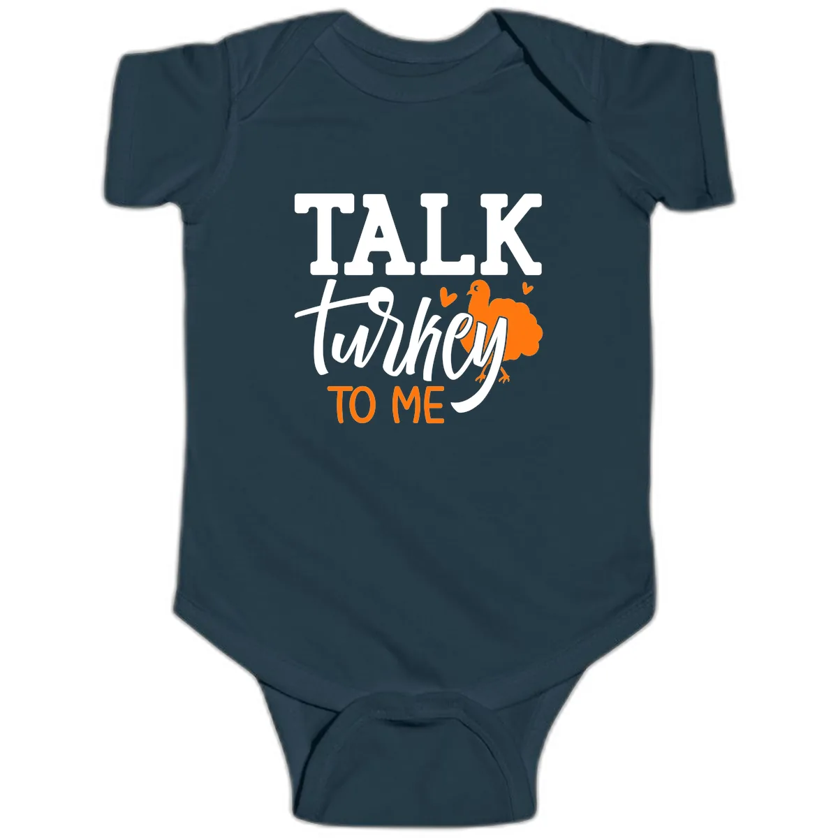 Talk Turkey To Me Thanksgiving Phrase Baby Onesie in Navy