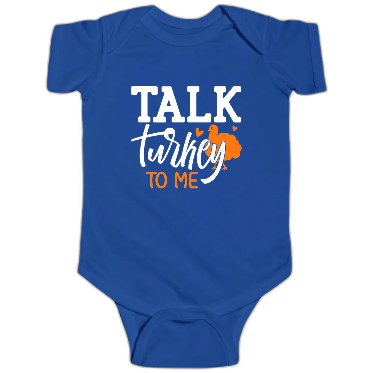 Talk Turkey To Me Thanksgiving Phrase Baby Onesie in Royal