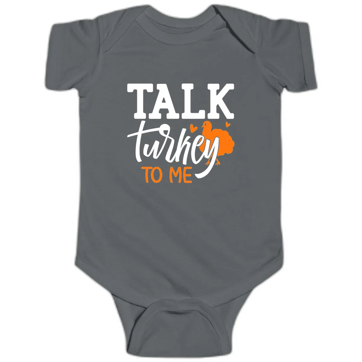 Talk Turkey To Me Thanksgiving Phrase Baby Onesie in Charcoal