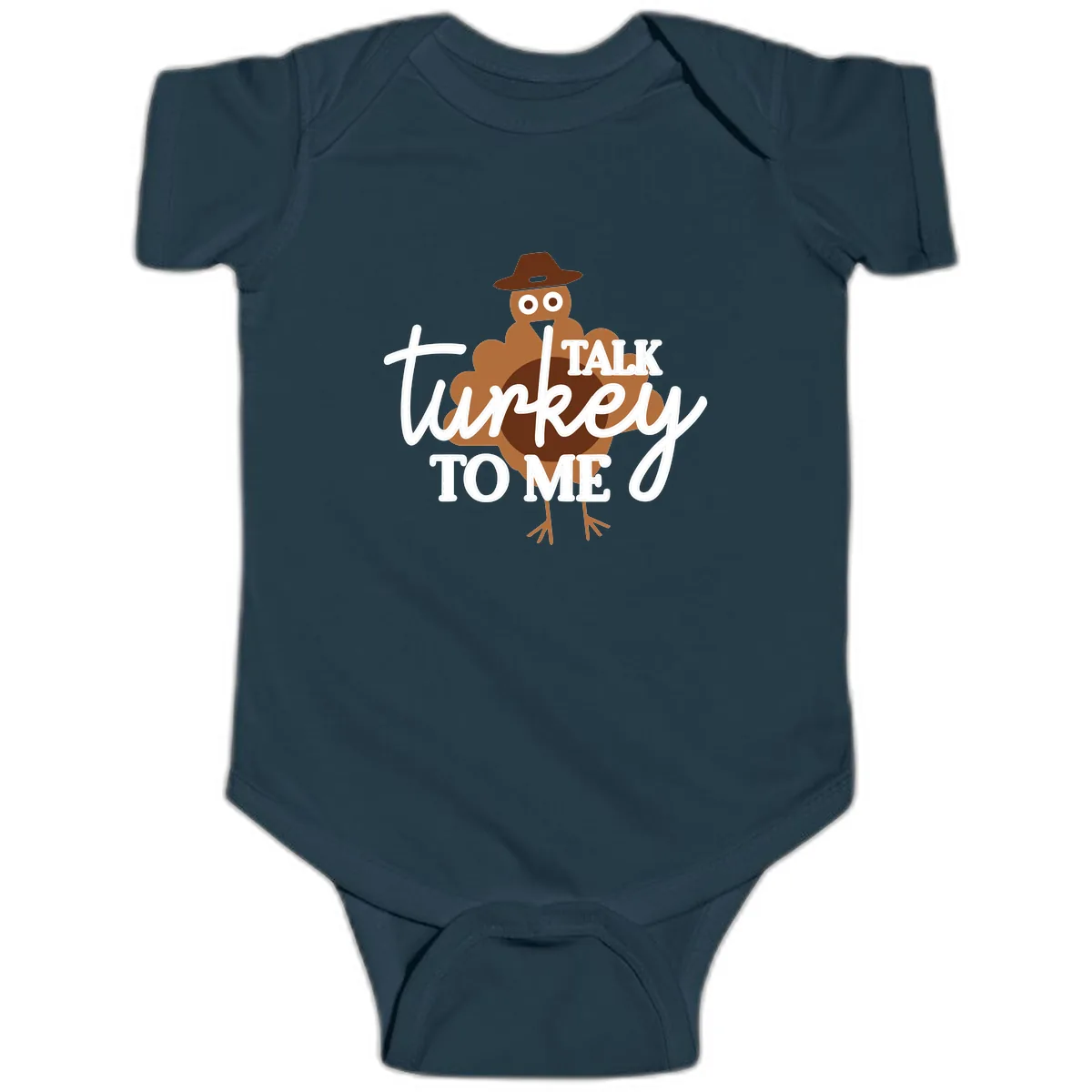 Talk Turkey To Me Thanksgiving Turkey Baby Onesie in Navy