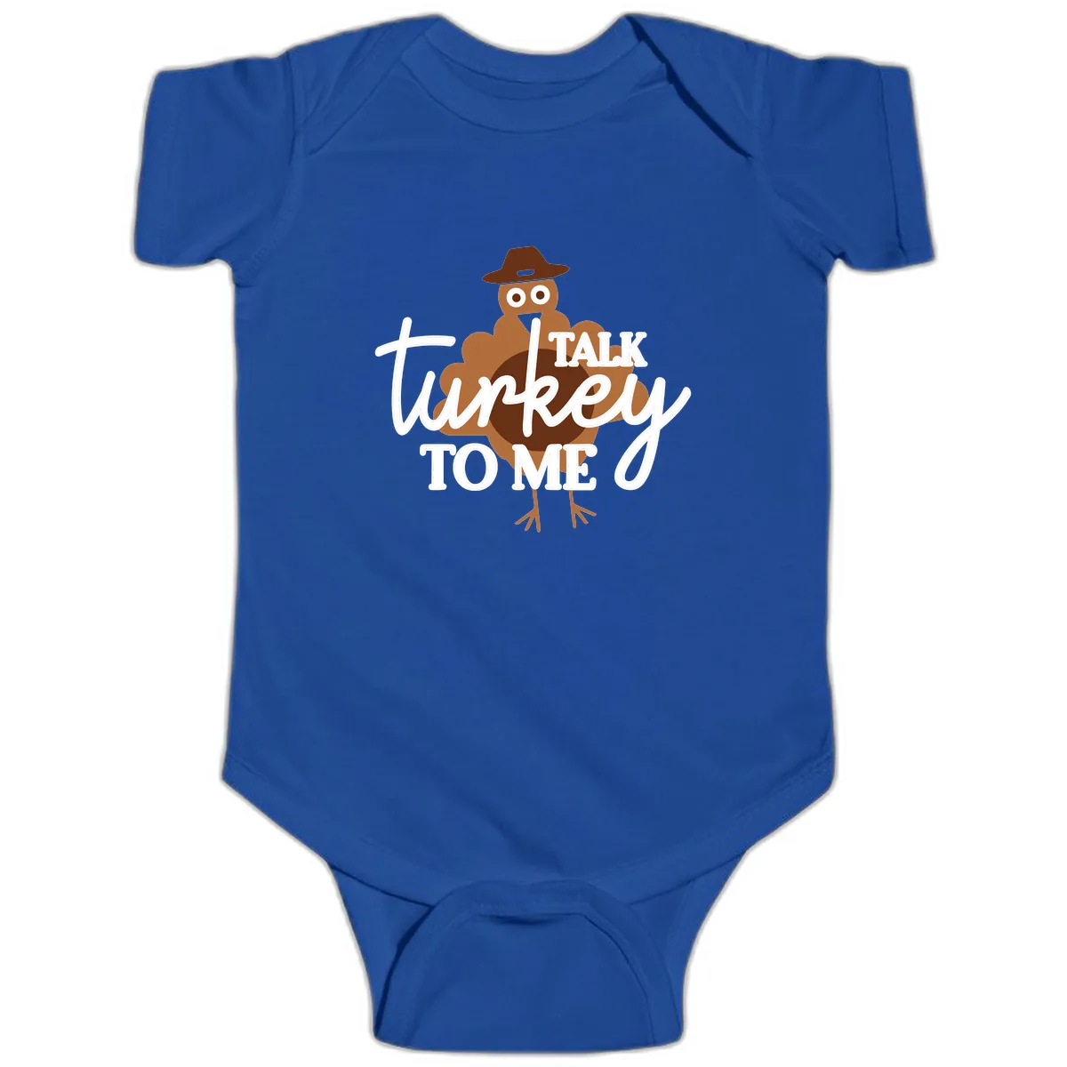 Talk Turkey To Me Thanksgiving Turkey Baby Onesie in Royal