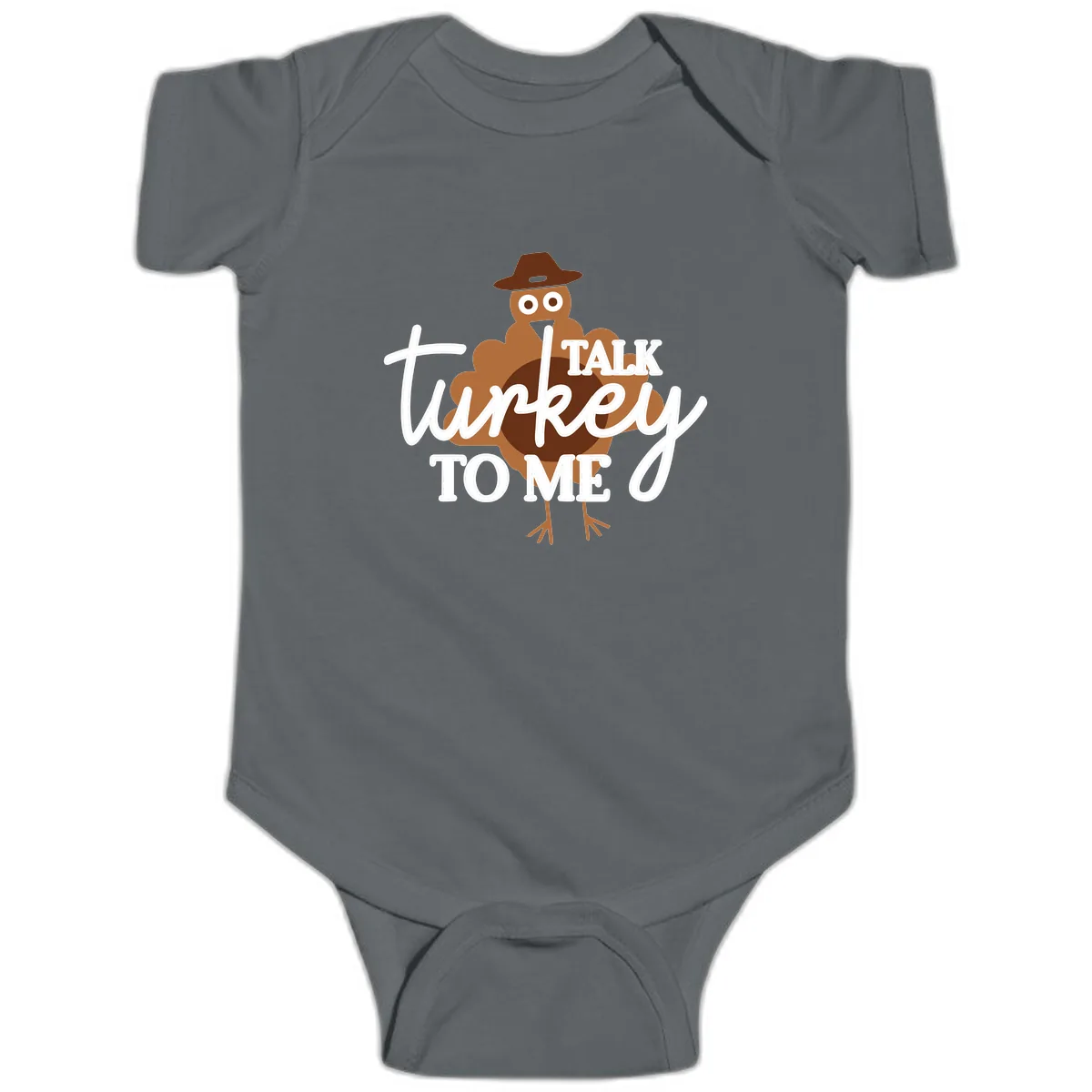 Talk Turkey To Me Thanksgiving Turkey Baby Onesie in Charcoal