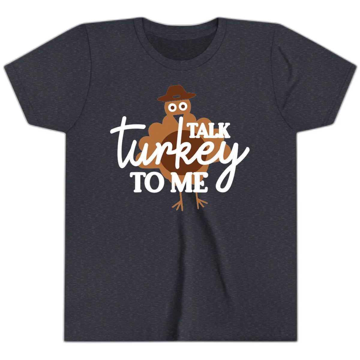 Talk Turkey To Me Thanksgiving Turkey Youth T-Shirt in Heather Navy